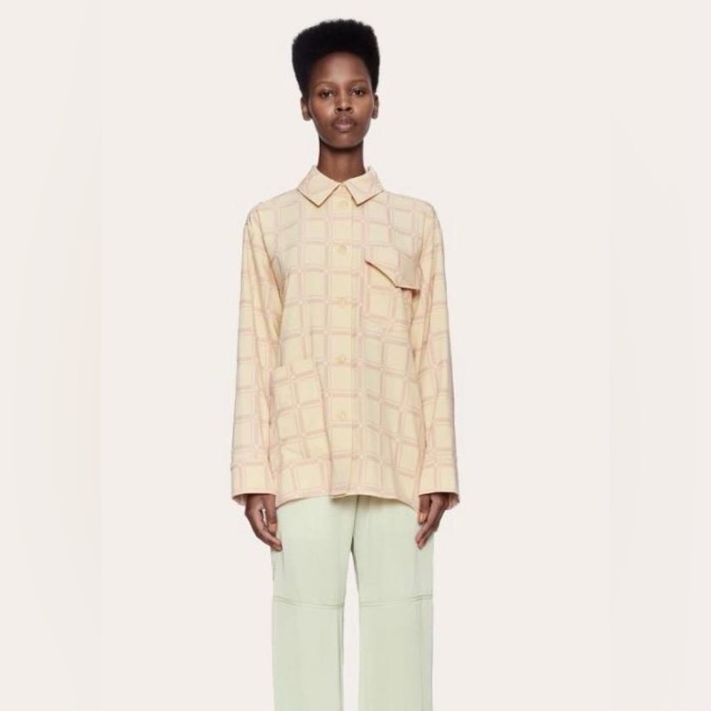 Stine Goya Grid Fog Silvi Oversized Button Up Top Yellow Pink Sz S Modern Chic